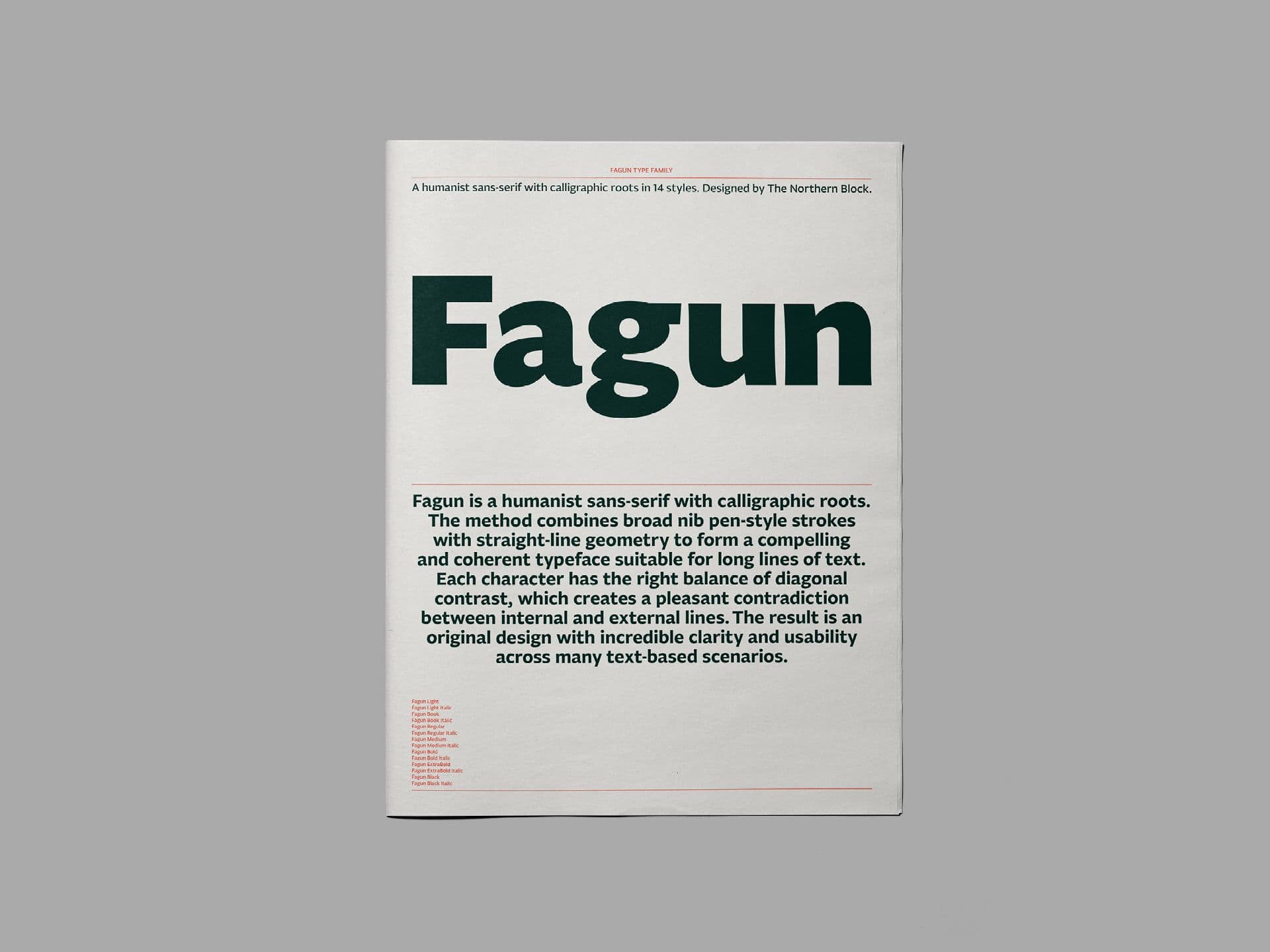 A 44-page newspaper specimen exploring Fagun's 14 styles and extensive typographic features, with a visual concept inspired by the novels and characters of Charles Dickens.
